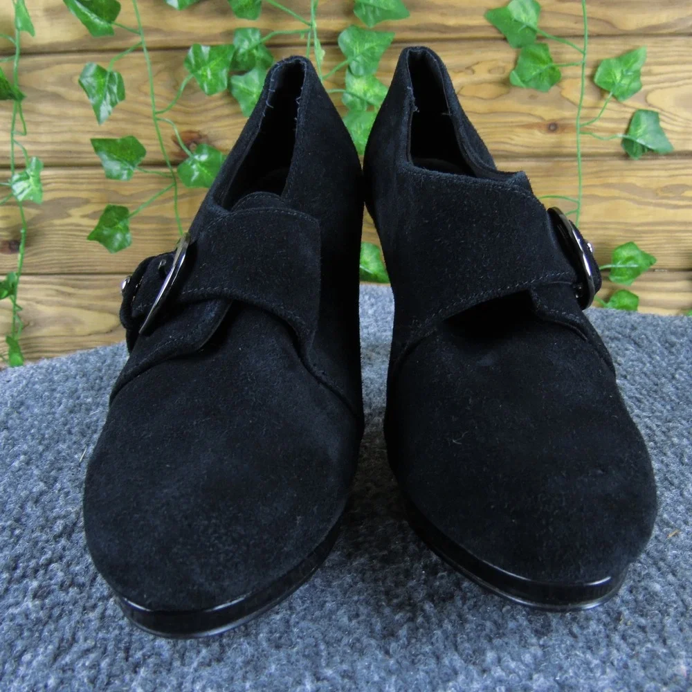 Anne Klein Twinterlyn Women 8.5 Black Suede Buckle Ankle Boots Classic‎ Style